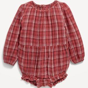 Old Navy | Long-Sleeve One-Piece Romper for Baby | Red Rust Plaid | 12-18M
